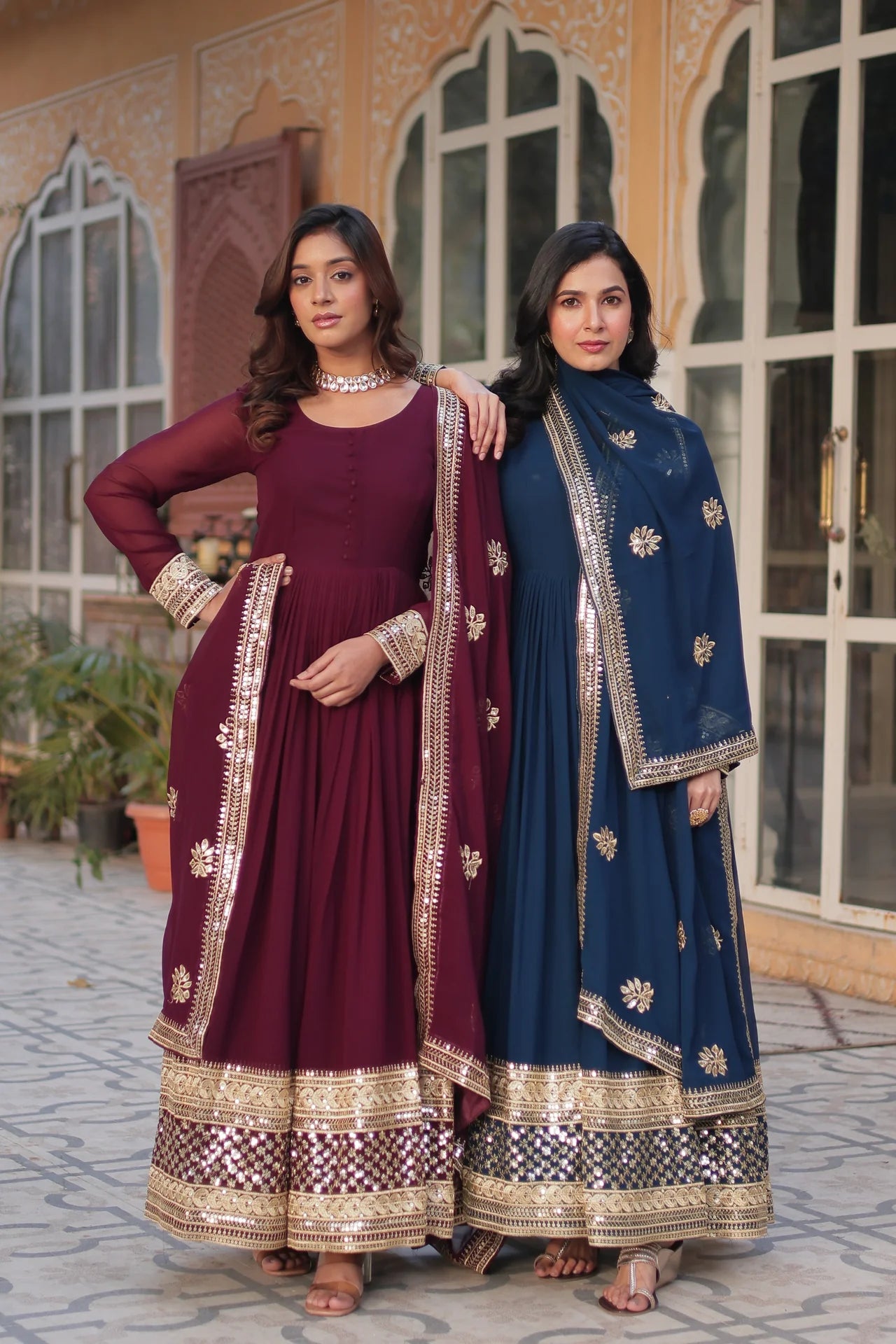 Women's Blue & Wine Faux Blooming Sequins Zari Embroidered Combo Anarkali Sets