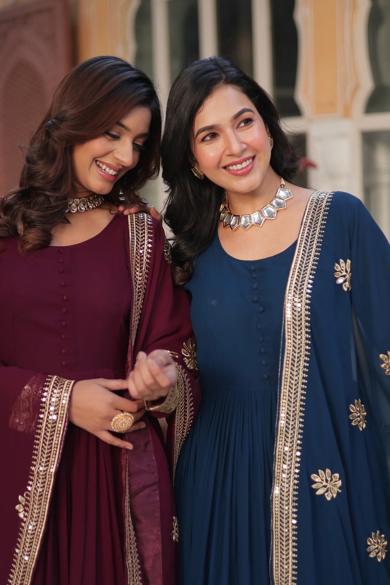 Women's Blue & Wine Faux Blooming Sequins Zari Embroidered Combo Anarkali Sets