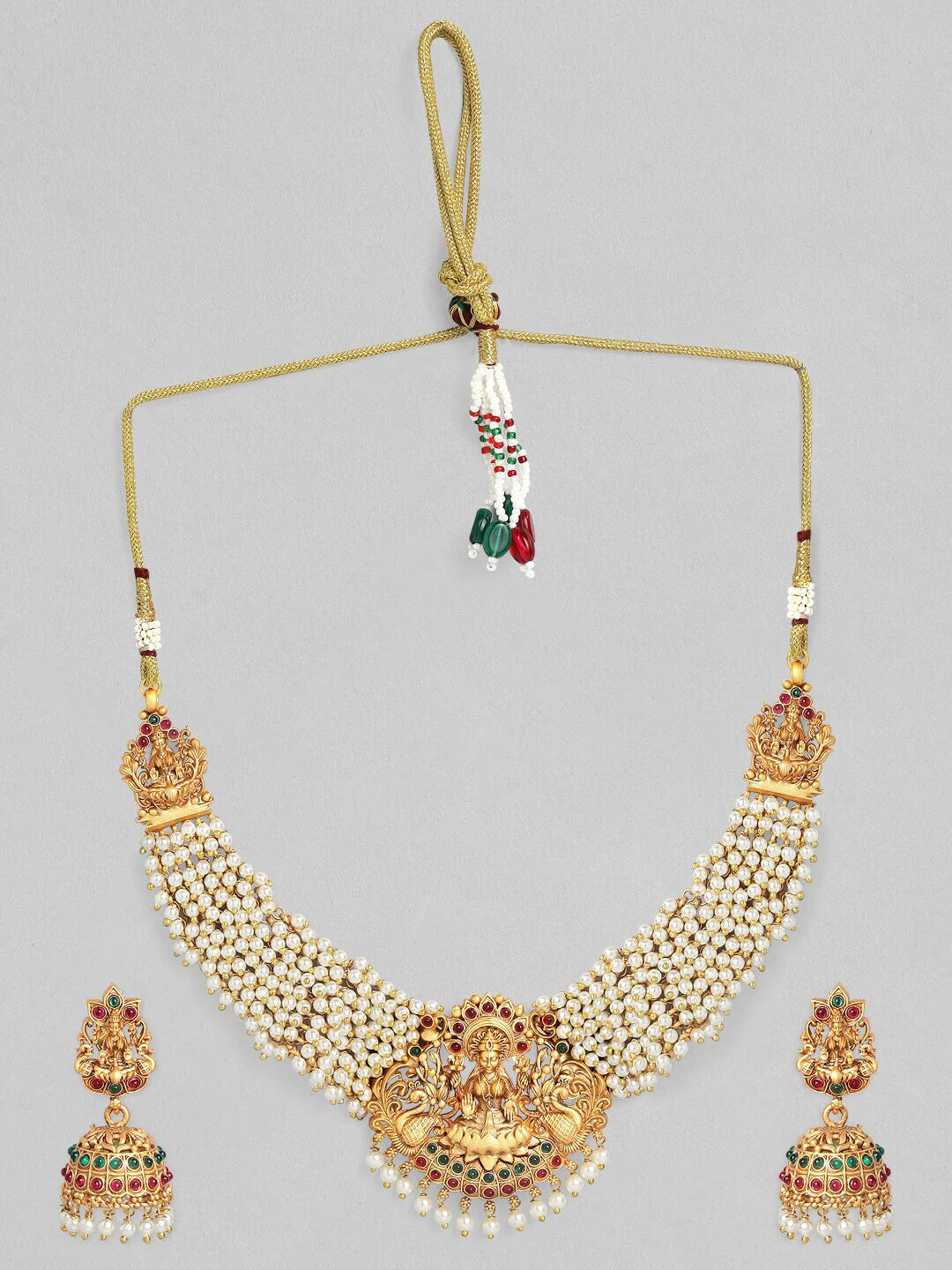 24K Gold Plated Lakshmi Necklace Set, Traditional Indian Jewelry, Handcrafted Gold-Plated Ethnic Necklace with Earrings, Lakshmi Pendant Necklace, Gold-Plated Indian Temple Jewelry