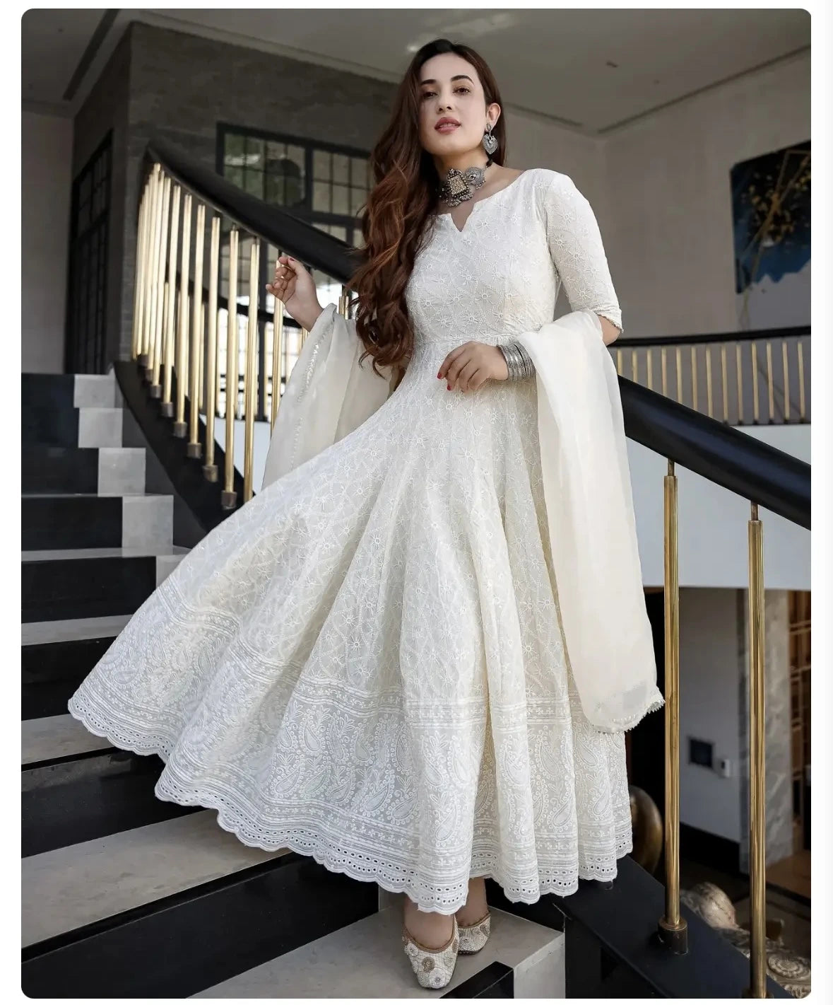 White Cotton Chikankari Gown with Dupatta Set - White
