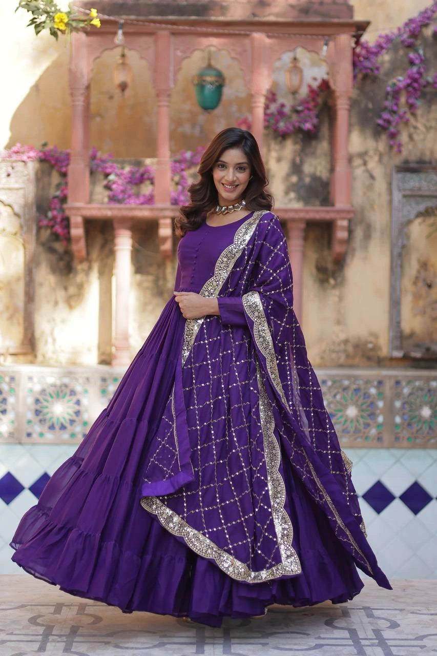 Purple Color Star Georgette 15 Meter Flari Fully Stitched Gown