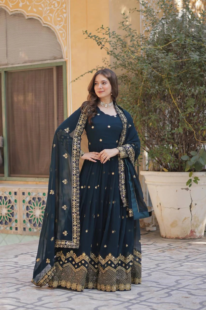 Morpich Color Faux Georgette Heavy Work Fully Stitched Anarkali Gown