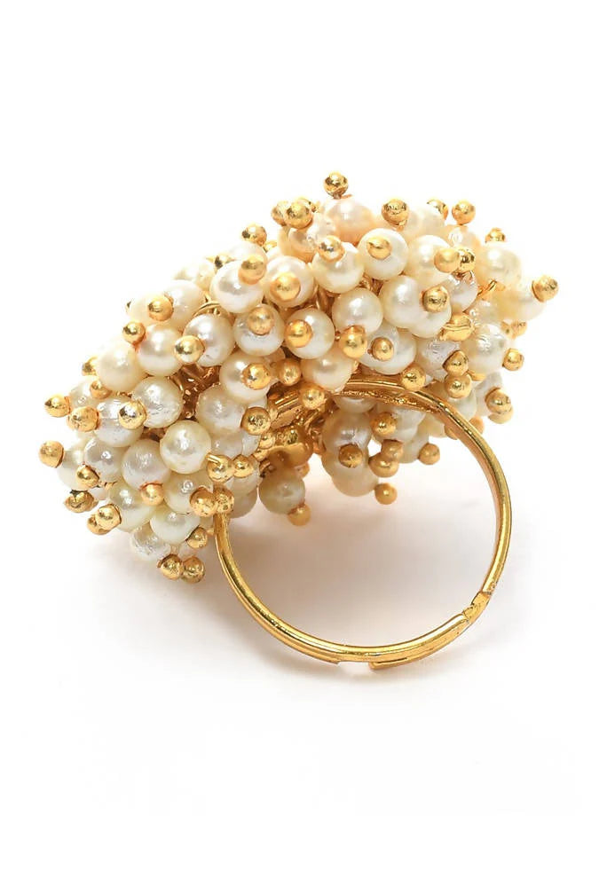 Gold-Plated with Pearls Ring -Free Size